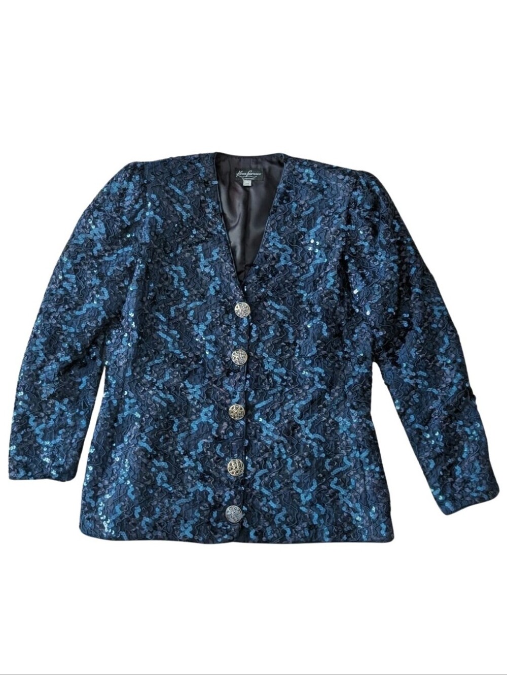 Vintage 80s Karen Laurence Sequin Lace Evening Jacket Blazer 10 Blue Glam NYE